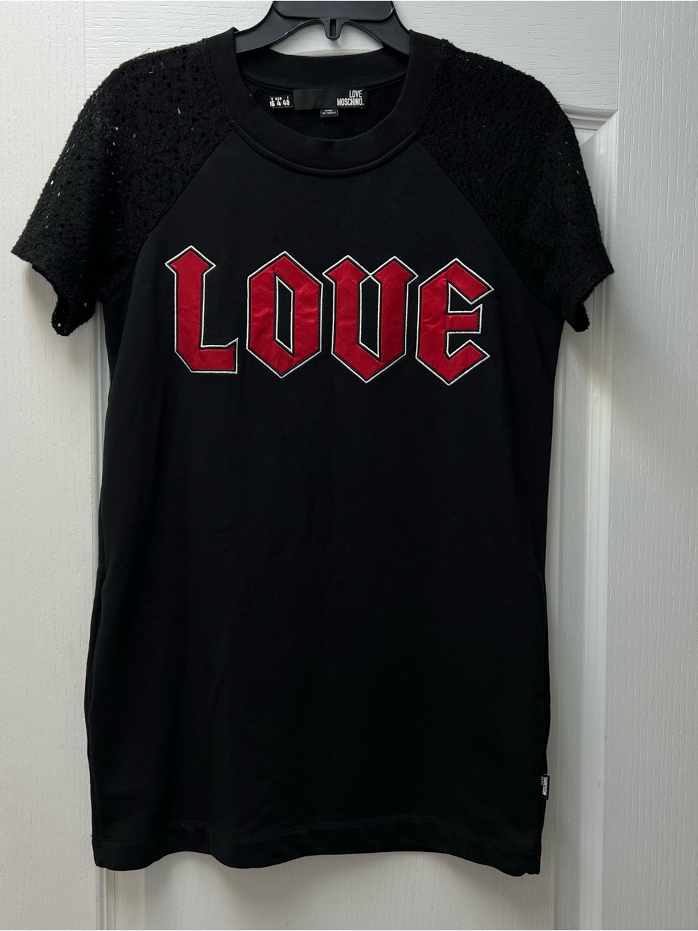 LOVE MOSCHINO Black T-Shirt with Lace Sleeves Sweatshirt Dress Sz 4